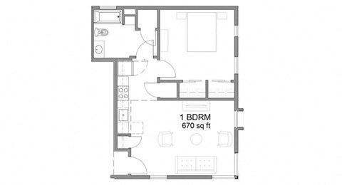 Floor plan for 1 bed, 1 bath, 670 sqft